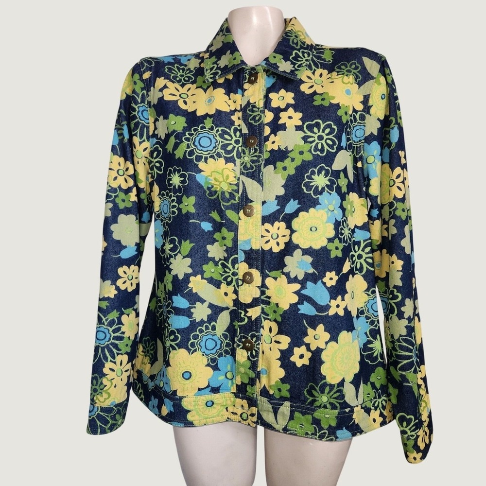 Analogy Floral Denim Jacket Womens Large Blue Yellow Green Button Up Y2K‎ Retro